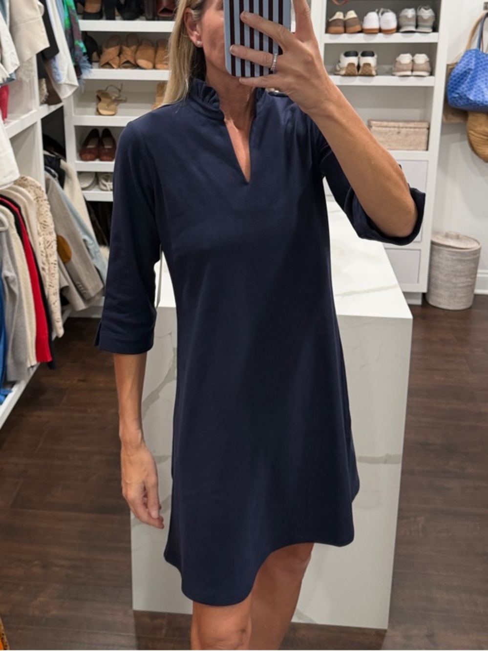 Duffield Lane Lillian Navy Split-Neck Mini Dress